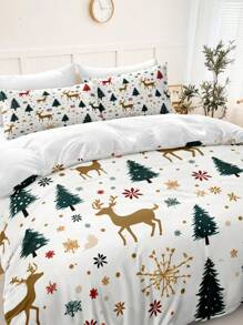 圣诞床上用品套装圣诞树羽绒被套装圣诞房间装饰绿色圣诞树，金色鹿雪花 3 件圣诞节被套柔软超细纤维羽绒被套适合男孩女孩 2 个枕套无被子 - 彩色 - 查看 4