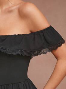 1pc Solid Color Off-Shoulder Ruffle Lace Splice Elegant Dress - Black - View 4