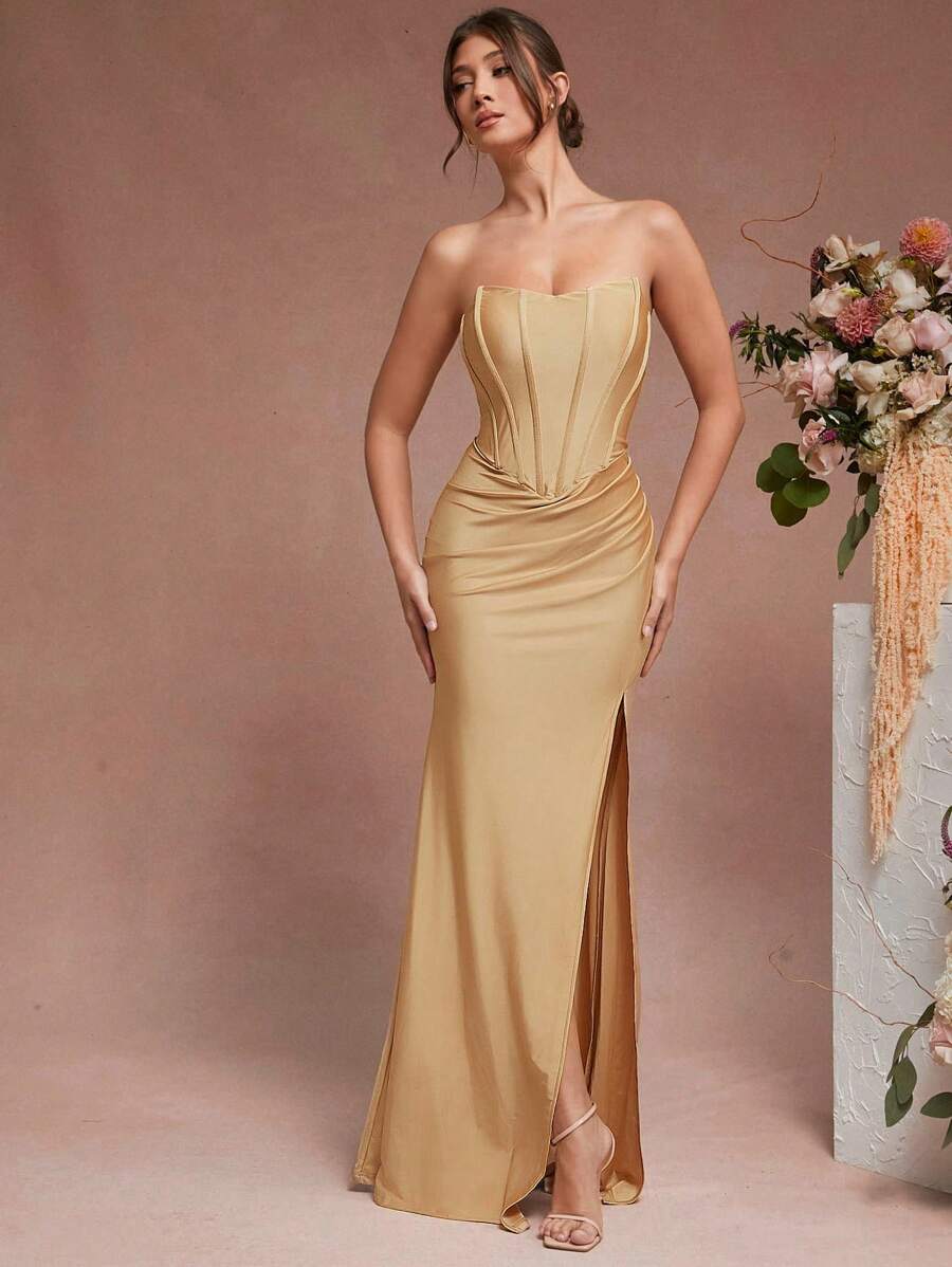 SHEIN Unity Robe de maxi élégante pour fête de Noël avec corset, plissé sur le côté et fente, couleur champagne - Champagne - Voir 1