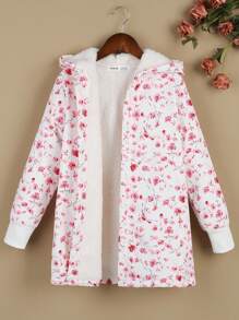 Tween Girl Casual Floral Pattern Fleece Hoodie Jacket, Autumn/Winter - White - View 1