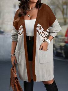 SHEIN LUNE Cárdigan holgado con bolsillos, cuello caído, y parches de estampado de leopardo en tonos contrastantes para mujer talla grande
