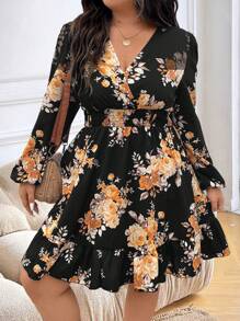 SHEIN LUNE Plus Size Floral Print Lantern Sleeve Dress, Elegant For Autumn Fall Cloth For Women