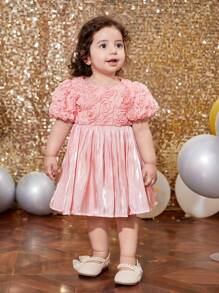 SHEIN Baby Girl Cute Elegant 3D Rose Floral Mesh Contrast Shiny Short Sleeve Party Dress, For Christmas