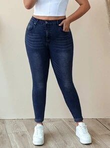 SHEIN Cottnline WOMEN PLUS SIZE SKINNY HIGH WAIST JEANS - Dark Wash - View 8