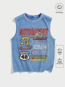 ROMWE MEN Street Life 男式赛车夏季字母印花圆领休闲混色背心，学校 - 藍色 - 查看 1