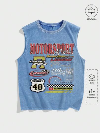 Street Life Camiseta sin mangas con cuello redondo casual con estampado de letras de de verano para hombres, escuela