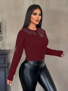 SHEIN Foxxy Cárdigan de bloqueo de color con estampado de araña de Halloween - Burdeos - Ver 3