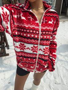 SHEIN EZwear 女士休闲几何印花羊毛夹克，适合圣诞节 - 紅色 - 查看 4