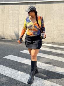 SHEIN EZwear Plus Size Tie Dye Casual Pleated Flared Sleeve Knit T-Shirt, Early Autumn - Orange - View 6