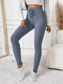 SHEIN Frenchy Solid Color Knit Rib Elastic Waist Leggings For Bodycon Black Grain Fabric Women Winter Casual Blue - Blue - View 5