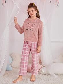 SHEIN Tween Girl Minimalist Cartoon Embroidered Crew Neck Fleece Pullover Top & Plaid Flannel Relaxed Pants 2pcs Pajama Set, Pink, Autumn/Winter