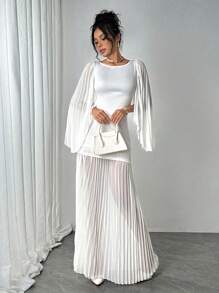 SHEIN Unity Women's Solid Color Mesh Splice Round Neck Simplistic Casual Long Dress - White - View 5