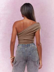 MISSGUIDED One Shoulder Ruched Bodysuit Elegant Evening Party Club Asymmetrical Flattering Form Fitting Draped Design Versatile Women Top - Khaki - View 2