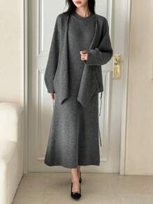 DAZY 2pcs Women's Asymmetrical Knitted Cardigan Set With Drawstring, Unique Design Gentle Style Sweater Outerwear, Autumn/Winter - Grey - View 3