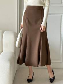 DAZY 1pc Women Solid Color Fishtail Hem Skirt, Elegant - Brown - View 2