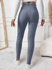 SHEIN Frenchy Solid Color Knit Rib Elastic Waist Leggings For Bodycon Black Grain Fabric Women Winter Casual Blue - Blue - View 2