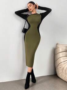 Mulvari 1 pieza Vestido de punto ajustado con bloque de color y empalmes para mujer, estilo urbano para el otoño/invierno