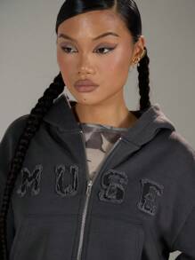 MUSERA MUSE Letter Patch Zip Up Hooded Sweatshirt Back To School Winter Cosy Cute Casual Everyday Capsule Wardrobe Y2K Streetwear Lounge - Grey - View 5