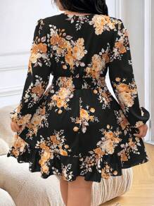 SHEIN LUNE Plus Size Floral Print Lantern Sleeve Dress, Elegant For Autumn Fall Cloth For Women