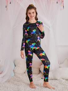 SHEIN Conjunto de 2 piezas de chándal ajustado para niña preadolescente, Top de cuello redondo de manga larga con estampado de unicornio neón, letra y corazón, y pantalones, ropa de estar por casa/pijama cómoda y casual para otoño/invierno