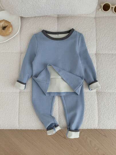 SHEIN Leap Crew 2件套男童修身撞色圆领长袖T恤和长裤超柔软抓绒保暖内衣套装，秋冬季