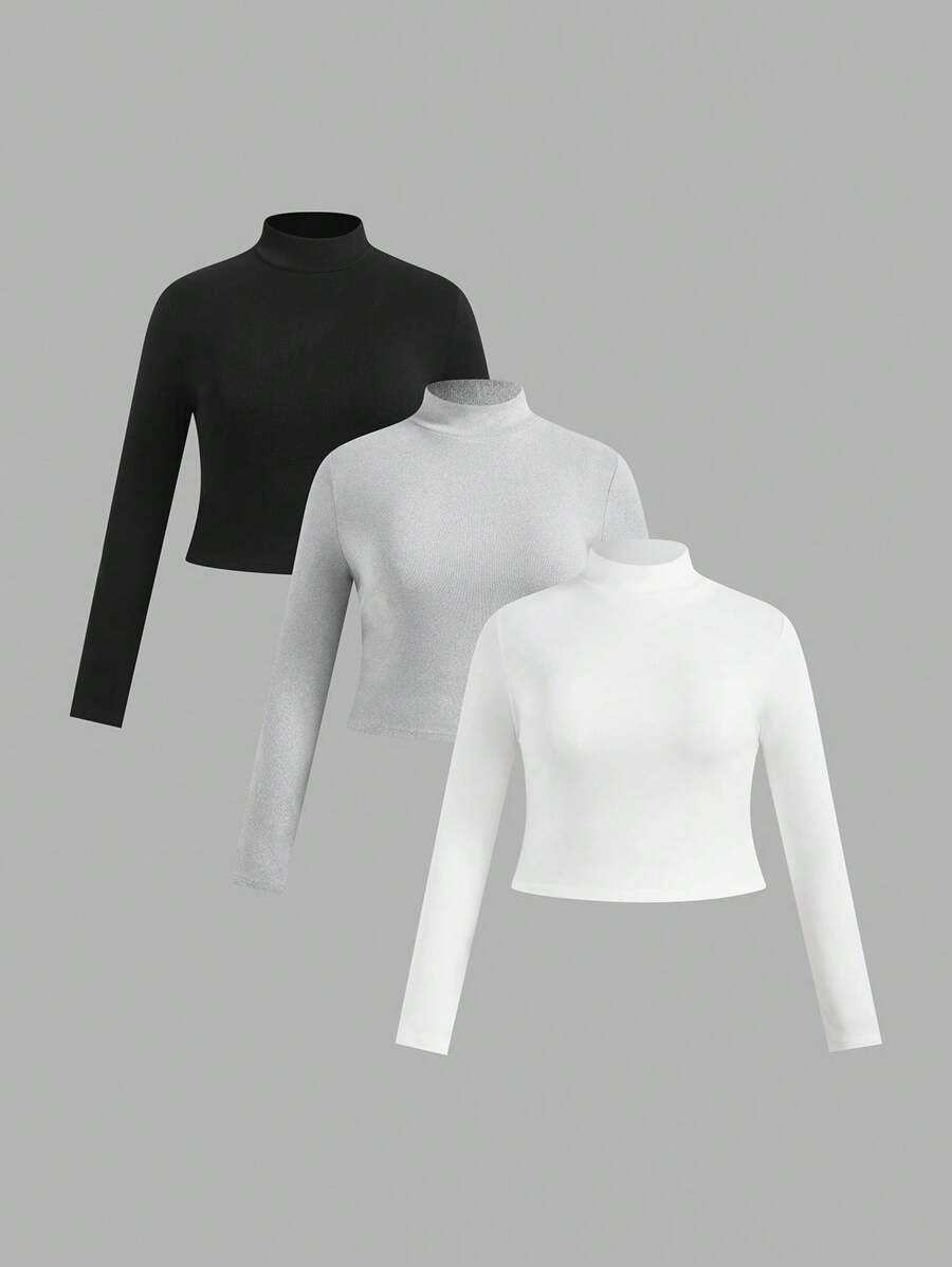 SHEIN EZwear 3pcs/Set Plus Size Women Solid Color Stand Collar Long ...