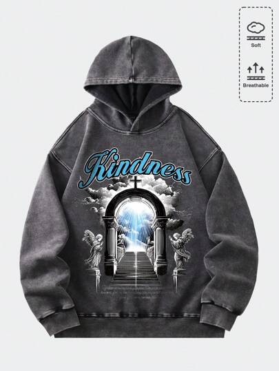 Street Life Vintage Washed Street Graphic Print Pullover Hoodie For Men