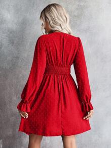 EMERY ROSE Women's Autumn Holiday Solid Color V-Neck Long Sleeve Waist Ruched Short Dress For New Year Clothes Fall Cloth For Women - Red - View 2