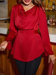 SHEIN Clasi Damska bluzka z długim rękawem w jednolitym kolorze z eleganckim drapowanym kołnierzykiem i gładką satyną