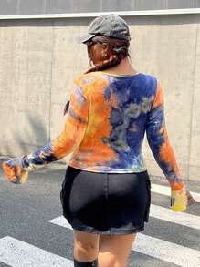 SHEIN EZwear Plus Size Tie Dye Casual Pleated Flared Sleeve Knit T-Shirt, Early Autumn - Orange - View 2