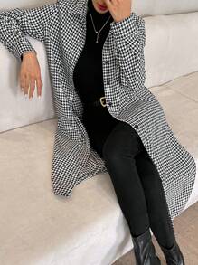 SHEIN Privé Giacca di stile camicia con stampa principe di galles, maniche lunghe, collo a revers e orlo con frange per donna - Bianco e nero - Visualizzare 6