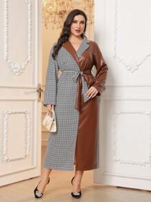 Mulvari 大码女式秋季立领长袖 PU 拼接千鸟格优雅连衣裙长款女装