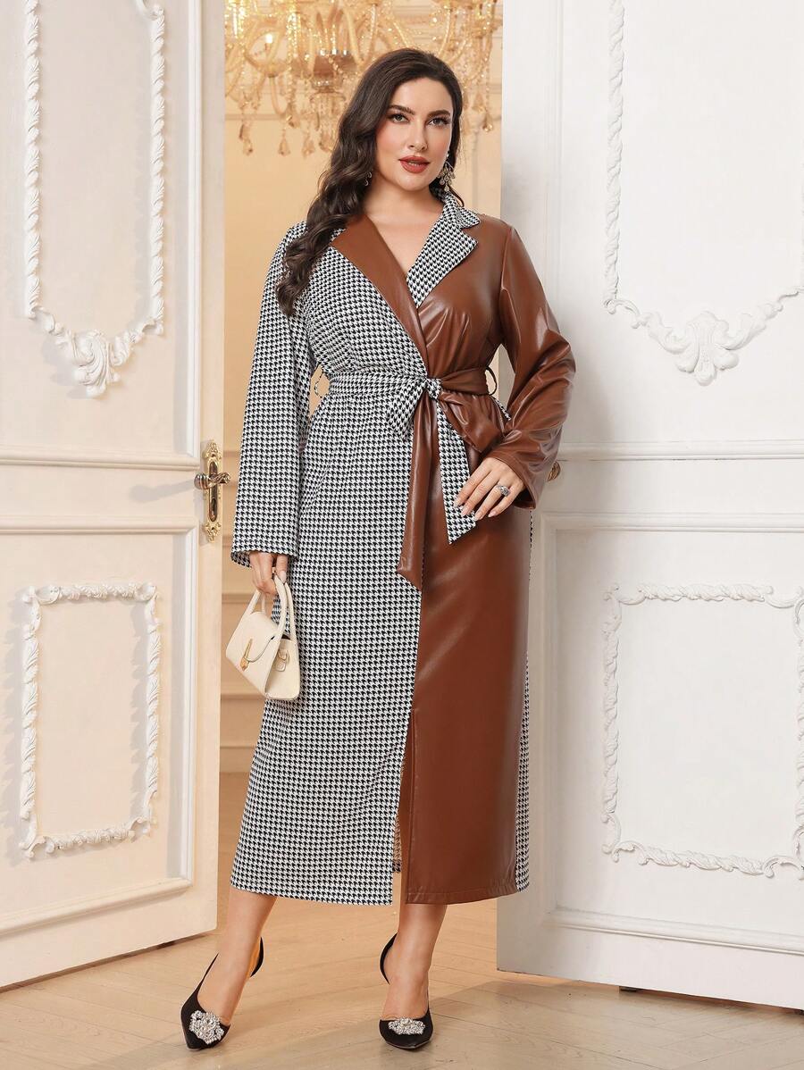 Mulvari 大码女式秋季立领长袖 PU 拼接千鸟格优雅连衣裙长款女装