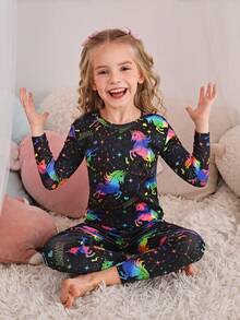 SHEIN Bộ đồ ngủ thoải mái thường ngày họa tiết kỳ lân hoạt hình cổ tròn ôm sát tay dài Raglan cho bé gái và quần dài phù hợp (Áo và quần được bán riêng) - Nhiều màu - Xem 2