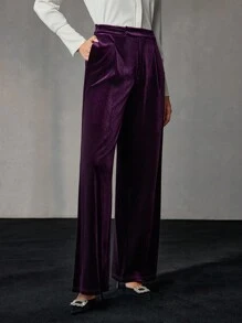 MOTF PREMIUM VELVET SOLID SLANT POCKET WIDE LEG SUIT PANTS - Purple - View 7