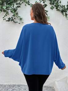 SHEIN LUNE 大码纯色圆领蝙蝠袖简约休闲上衣 - 寶藍色 - 查看 2