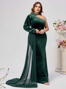 SHEIN Belle 大码优雅天鹅绒拼布泡泡珠连衣裙，适合圣诞节、舞会半正式礼服、生日、婚礼宾客、毕业返校节 - 綠色 - 查看 5