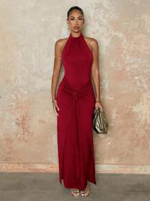 SHEIN BAE Women Sleeveless High Neck Simple Brown Coffee Solid Color Bodycon Ruched Tie Waist Dress, Elegant Style, Autumn/Winter - Burgundy - View 4