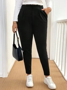 SHEIN Essnce Plus Size Women Jesień I Zima Moda Swobodna Wygodna Nadruk W Panterkę Przeszycia Elastyczna Talia Kieszeni Czarne Spodnie,Damskie Dół,Jesienne Ubrania Damskie,Spodnie Robocze,Ubrania Nauczycielskie,Spodnie Curv,Ubrania Biurowe,Biznesowe Swobodne Damskie