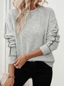 SHEIN LUNE 休闲宽松针织毛衣，撞色饰边，休闲落肩，秋冬 - 灰色 - 查看 4