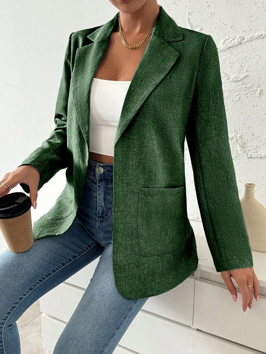 SHEIN LUNE 1 Áo khoác blazer vải lanh cổ ve dài tay cho nữ - Màu xanh lá cây đậm - Xem 1