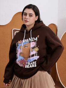 We Bare Bears X SHEIN Plus Size Casual Cute Funny Brown Graffiti Bear & Tropical Flower Print Thermal Lined Sweatshirt, Autumn/Winter - Brown - View 5