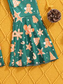 Young Girls Fashion Christmas Cartoon Print Strap Flare Jumpsuit - Multicolor - View 6