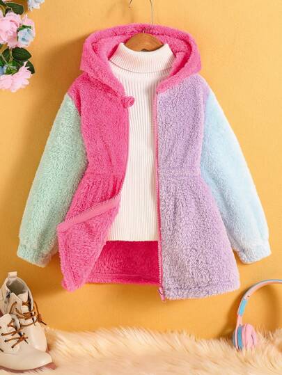 SHEIN Ung flicka 4-färgad patchwork Tjock Varm Luddig Casual Mångsidig Söt Sweet Pullover Coat, Lämplig för höst, vinter, Dagligen, Skola, Utomhus, Värme, Picknick på landet, Familjeträffar