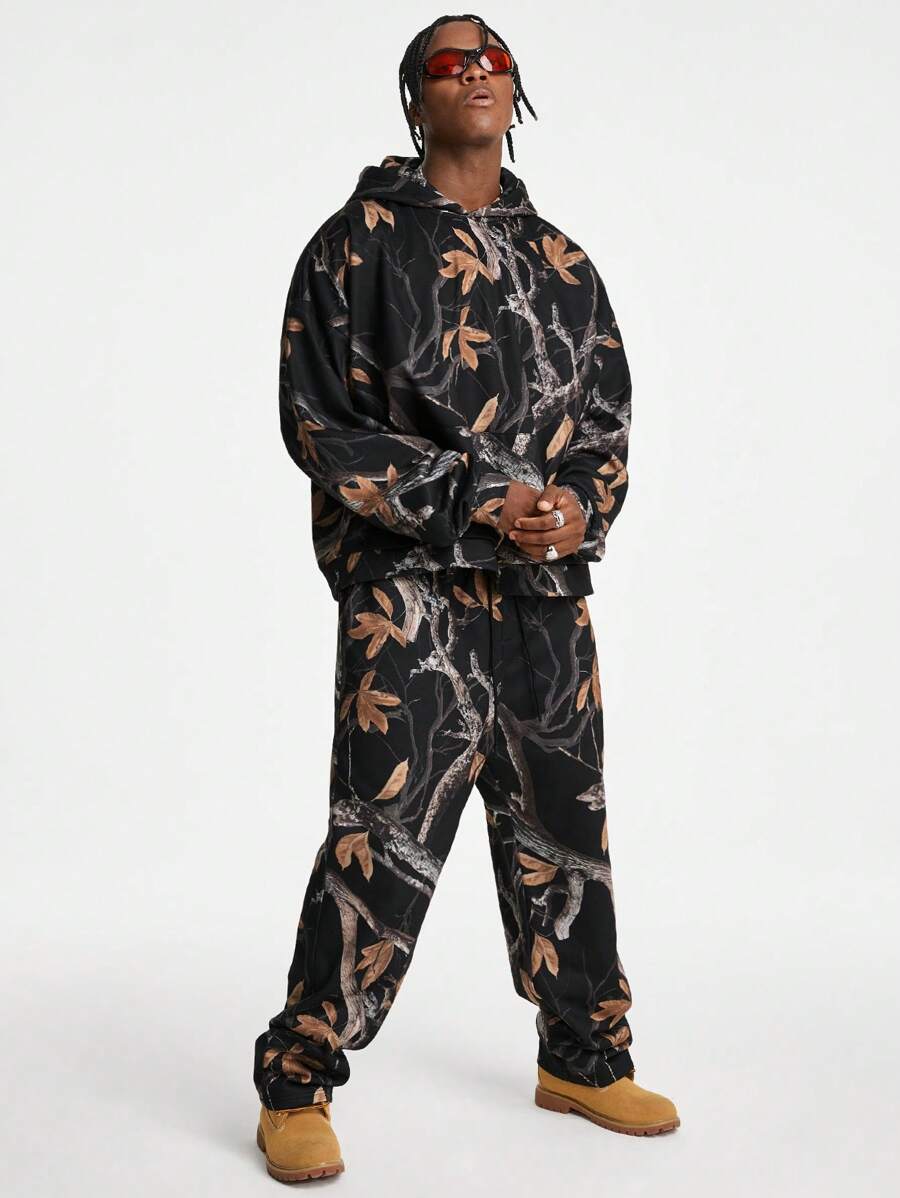 Manfinity VCAY 男士宽松数码印花长袖运动衫套装，适合秋冬 - 黑色 - 查看 1