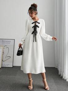 SHEIN Frenchy Robe élégante femme à manches lanternes avec liens de couleur contrastée, pour la saison d'automne