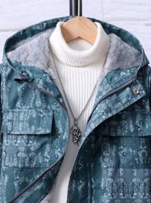 Tween Boy Allover Print Hooded Jacket & Pants Outfit, Cold Weather Winter Clothes - Blue - View 5