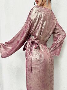 Al Najma 女式长袖修身优雅垂坠领阿拉伯风格端庄连衣裙全长全覆盖超长端庄连衣裙适合日常休闲/工作/度假/晚会/婚礼宾客 - 中紫紅色 - 查看 3
