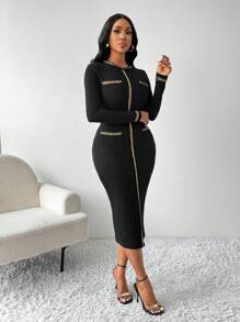 SHEIN Lady Vestido negro ajustado de cuello redondo con detalle de cadena metálica, vestido negro de manga larga, vestido elegante midi para mujer
