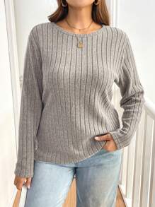 SHEIN Essnce Plus Size Women's Autumn Winter Lace Splicing Brushed Ribbed Long Sleeve T-Shirt,Smart Casual Everyday White Khaki Gray Pullover Fuzzy Teacher Tops - Apricot - View 3